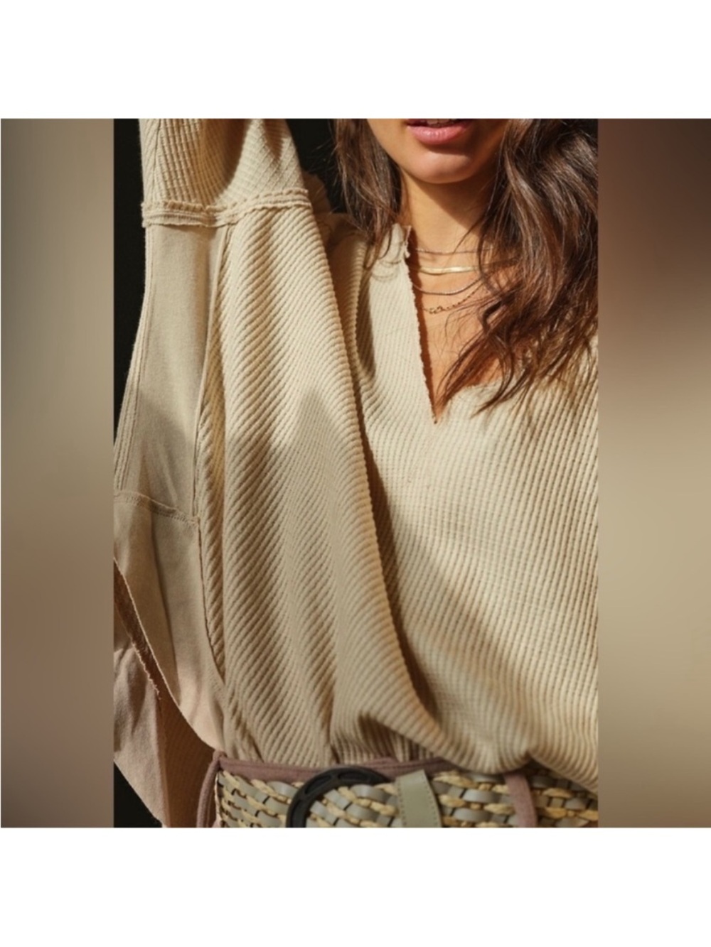 We The Free Long Sleeve Beige Tan Slouchy Owen Thermal Tee Size Medium